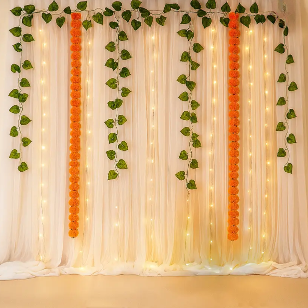 Marigold Green Vines Garland with Curtains & LED Light for Diwali 2025 | 10Pc Indian Pooja Home Set